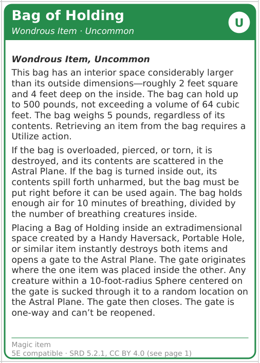 Bag of Holding magic item card