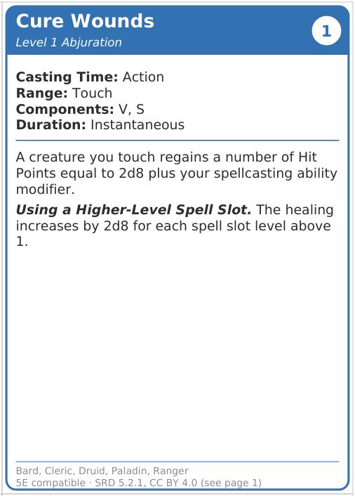 Cure Wounds spell card