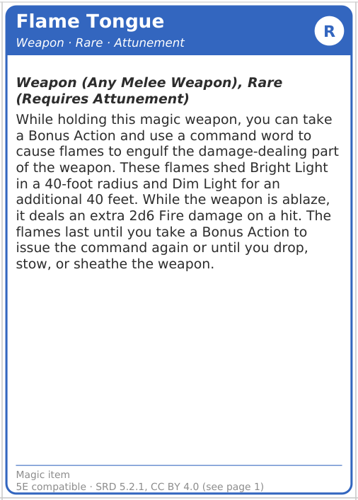 Flame Tongue magic item card