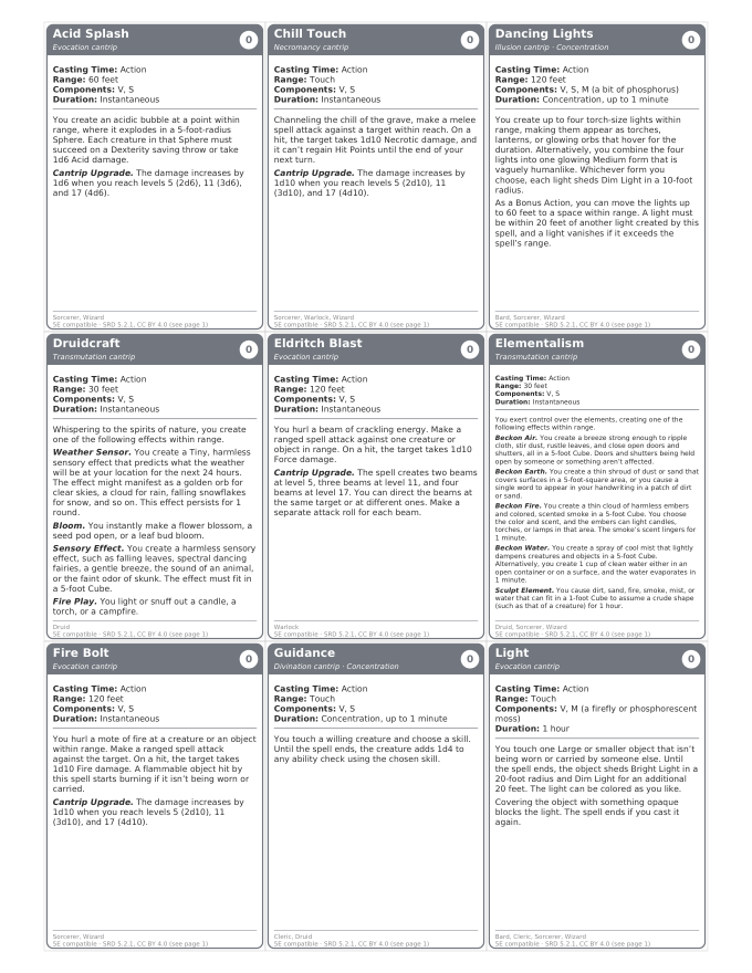 A printable sheet with nine cantrip spell cards: Acid Splash, Chill Touch, Dancing Lights and others